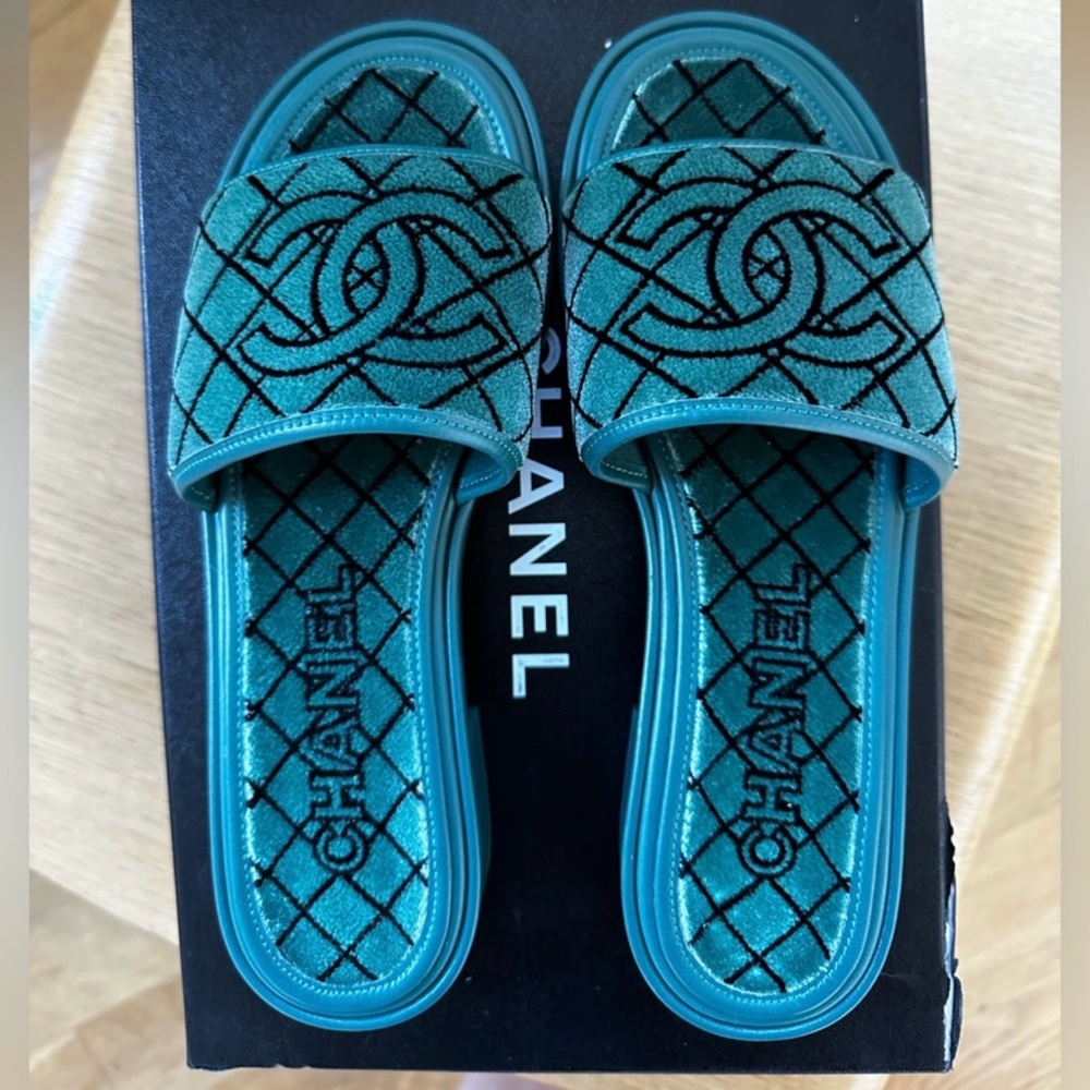 Chanel Blue Quilted Sandals with Iconic Logo